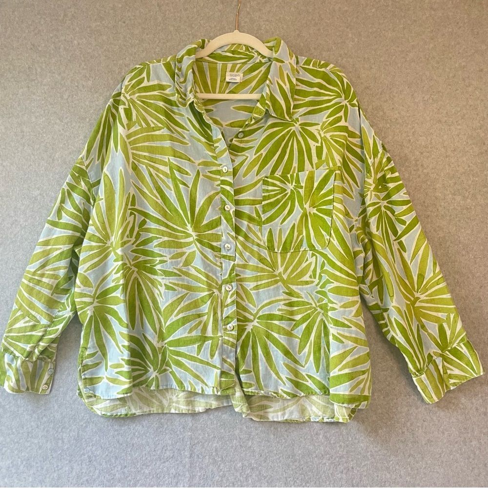 Sigrid Olsen Green Linen Leaf Print Button Up Shi… - image 1